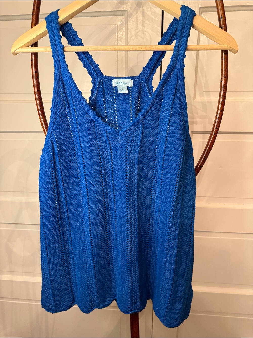 Sundance Linen Cotton Open Knit Sweater Tank Boho Coastal Blue L